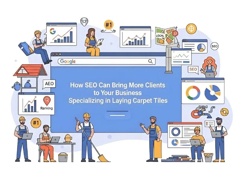 laying carpet tiles seo illustration.